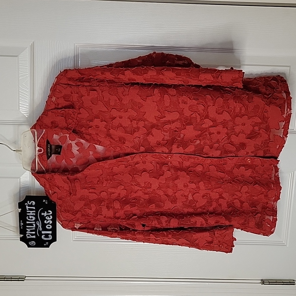 Multiples Blouse Large Red/Orange Button Up Sheer Floral